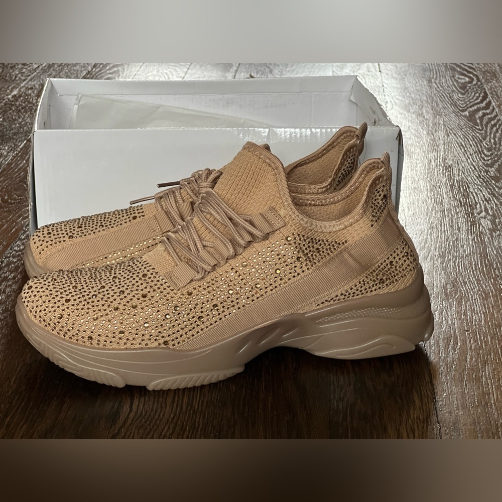 Women's Tan Sneakers with Rhinestone Detailing